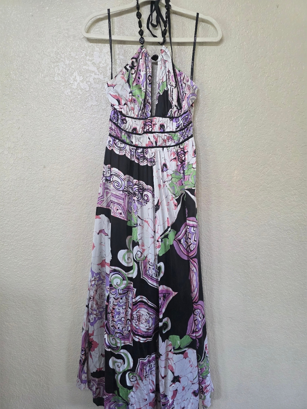 Bebe Floral Halter Maxi Dress in Black & Lavender